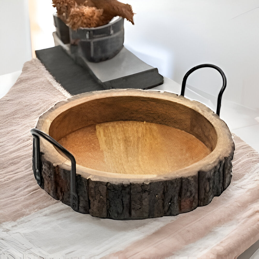 Decorative & Serving Bark Tray with Iron Handles